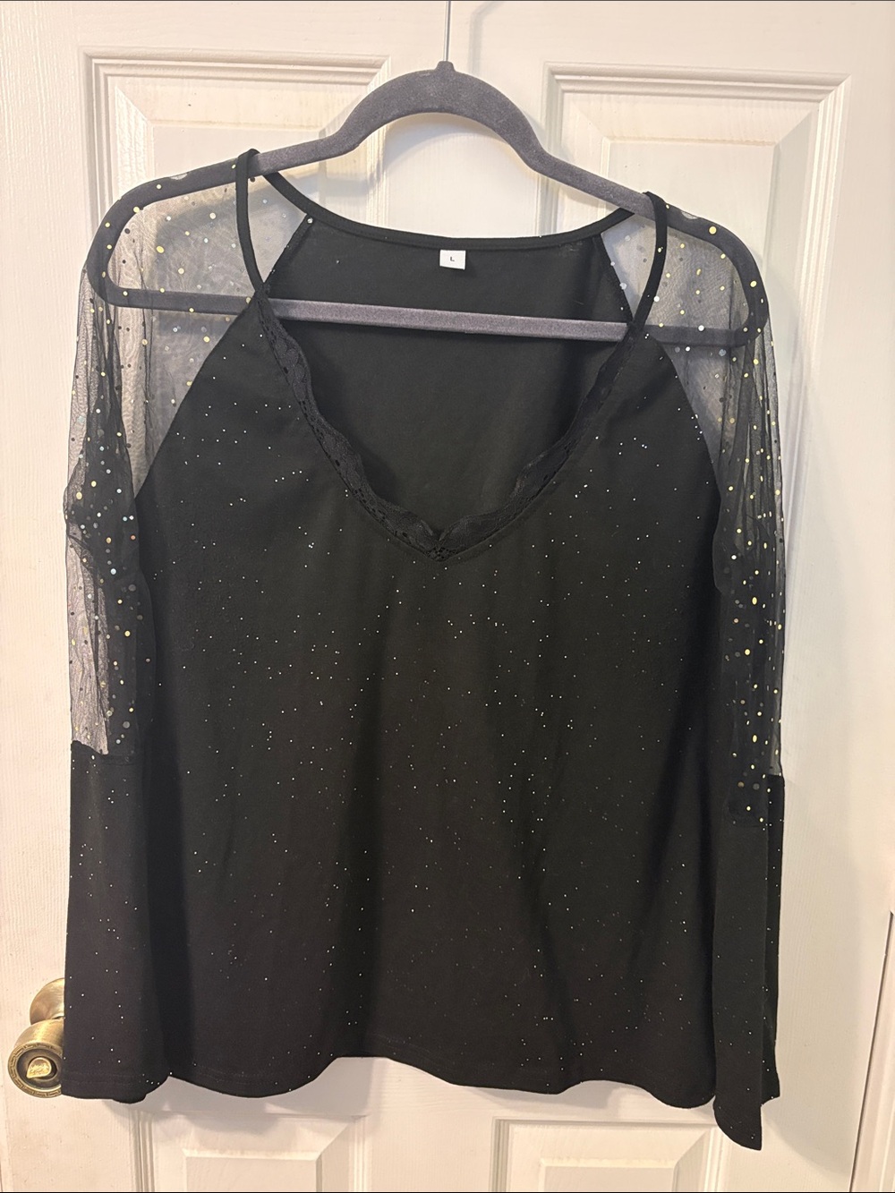 Black V-Neck Tunic with Sheer Sparkle Sleeves